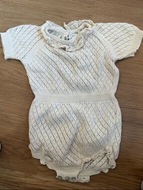 Kids Cream Knit One-Piece Romper with Ruffle Collar
